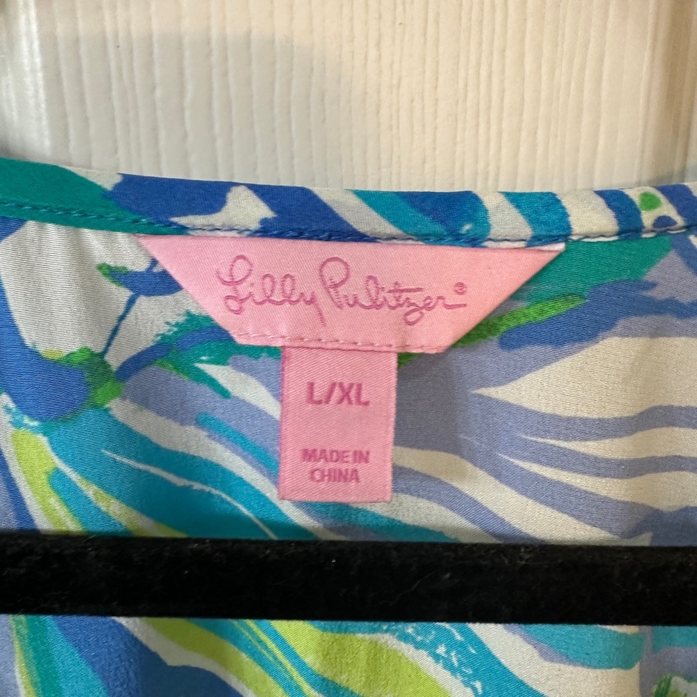 Blue Tropical Print Cold-Shoulder V-Neck Dress - Picture 3 of 6